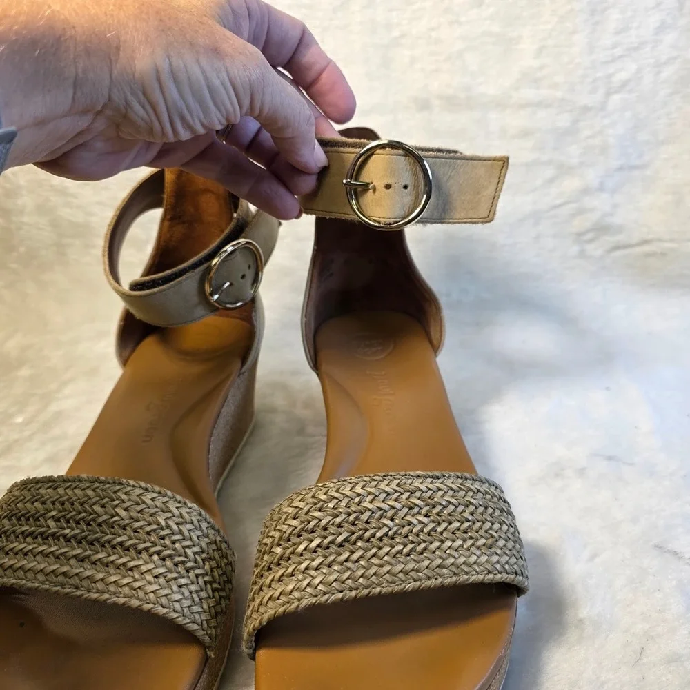 Paul Green Ankle Strap Micro Wedge Sandals Tan Brown Leather Women 8.5 Excellent